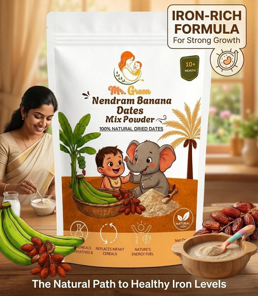 Packaging of Nendram Banana Dates Mix Powder with branding and product details.