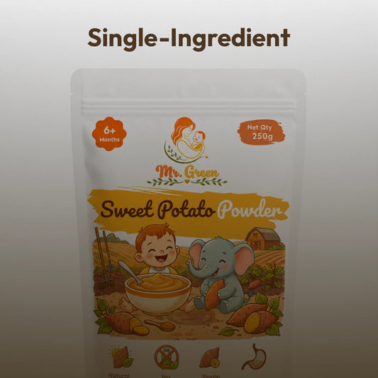 Package of Mr. Green Sweet Potato Powder with a child and elephant illustration on a gradient background.