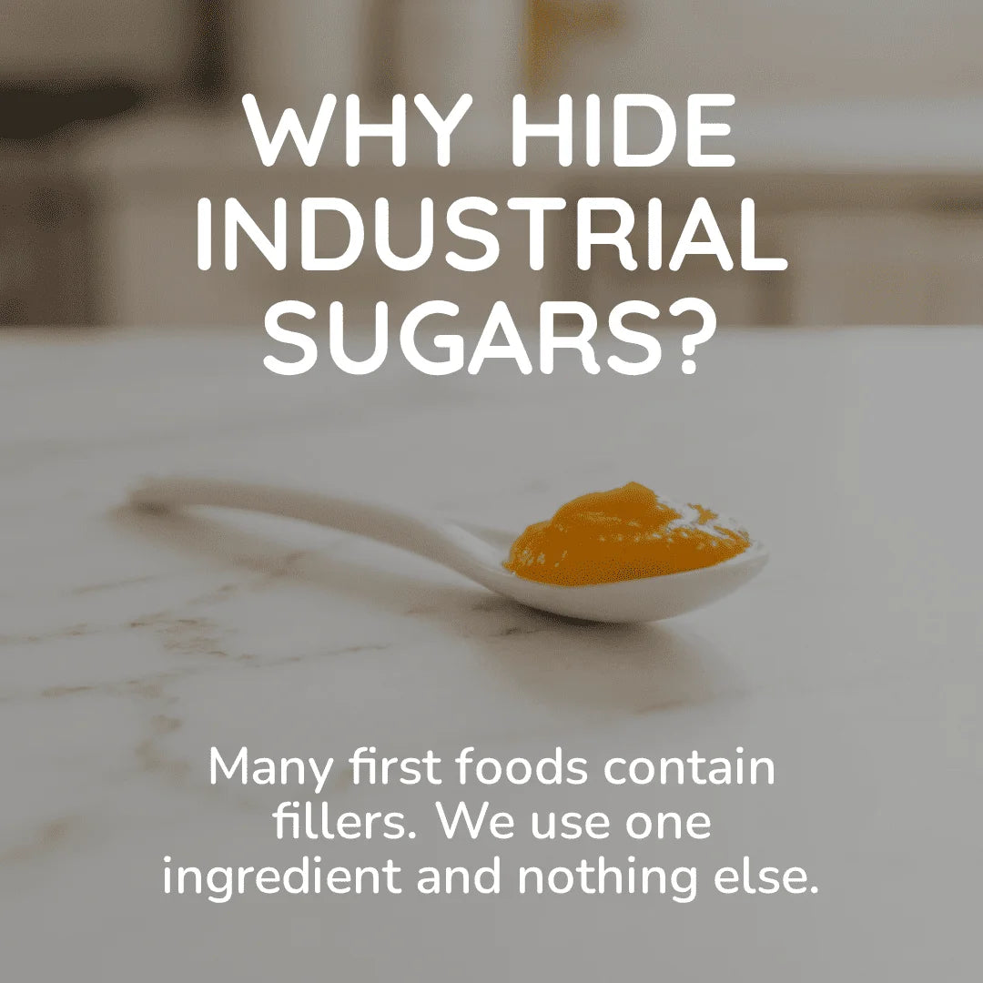 Spoon with a small amount of yellow substance on a marble surface, with text questioning the use of industrial sugars.