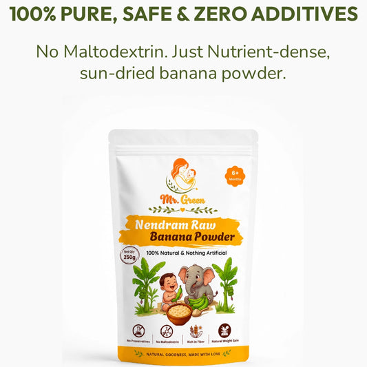 Packaging of Nendram Raw Banana Powder with branding and product details on a white background.
