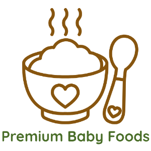 A brown outline icon of a steaming baby food bowl with a spoon, above the text 'Premium Baby Foods' in dark green on a white background.
