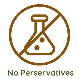 A brown circular icon with a crossed-out beaker symbol and the text 'No Perservatives' in green below, shown on a light gray background.