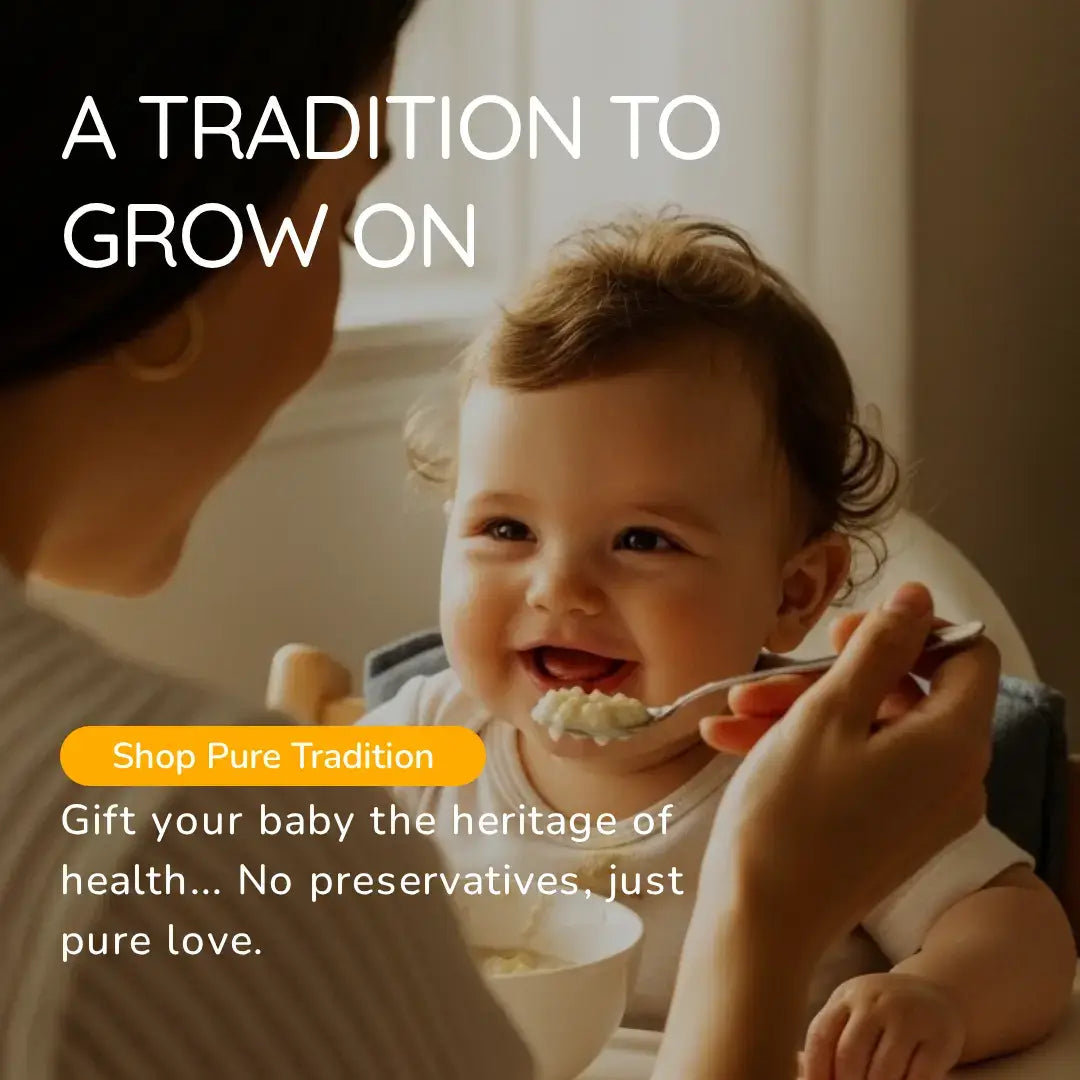 Baby being fed by a person with text about a tradition to grow on and a product offer.