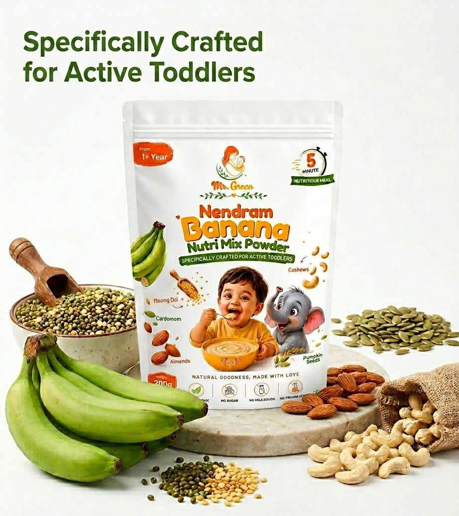Nendram Banana Nutri Mix Powder package with ingredients and text 'Specifically Crafted for Active Toddlers'.