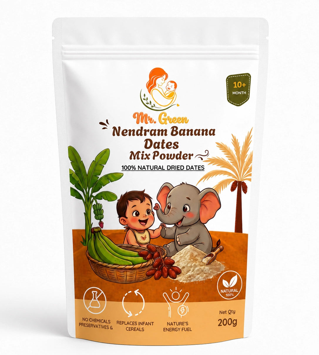 Package of Mr. Green Nendram Banana Dates Mix Powder with cartoon characters on a white background