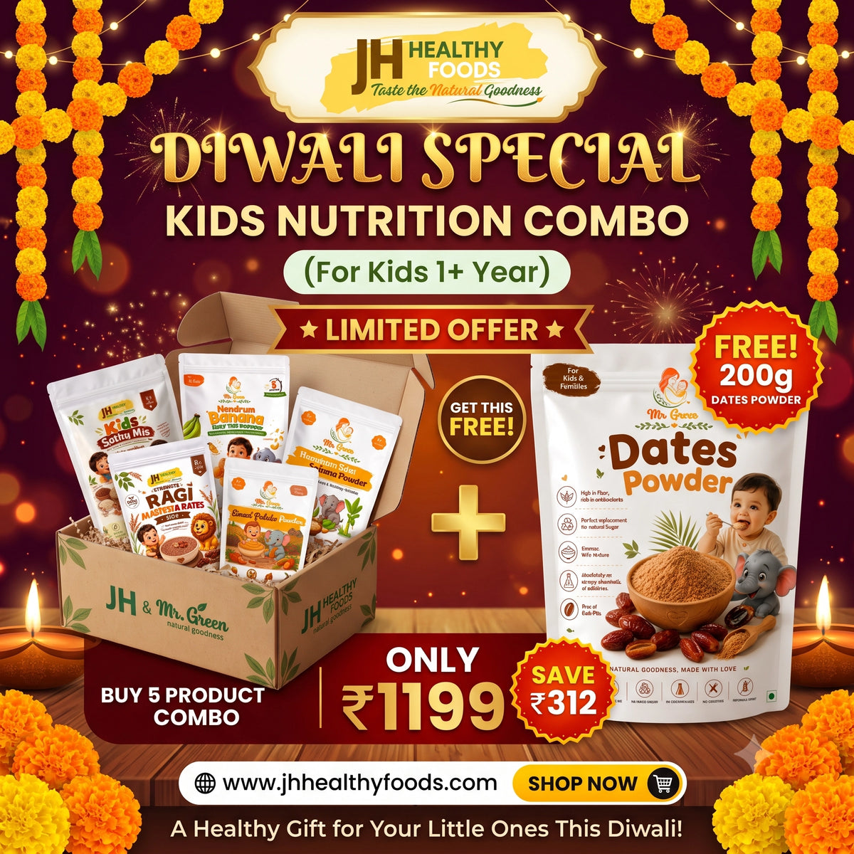 Diwali Special Kids Nutrition Combo Box (1+ Years) | 5 Healthy Foods + FREE 200g Dates Powder