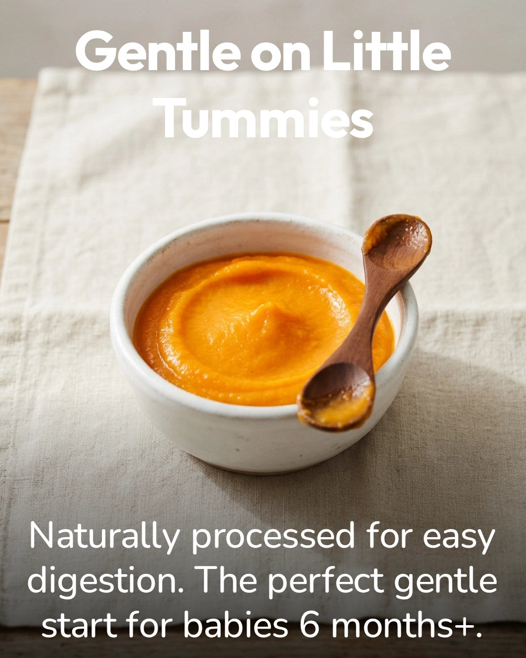 White bowl with orange baby food and wooden spoon on a beige cloth, text 'Gentle on Little Tummies' and 'Naturally processed for easy digestion. The perfect gentle start for babies 6 months+'.