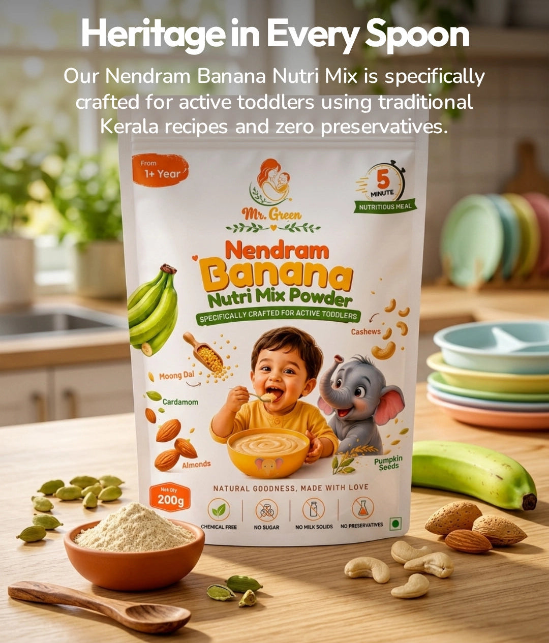 Nendram Banana Nutri Mix powder packaging with ingredients on a wooden table