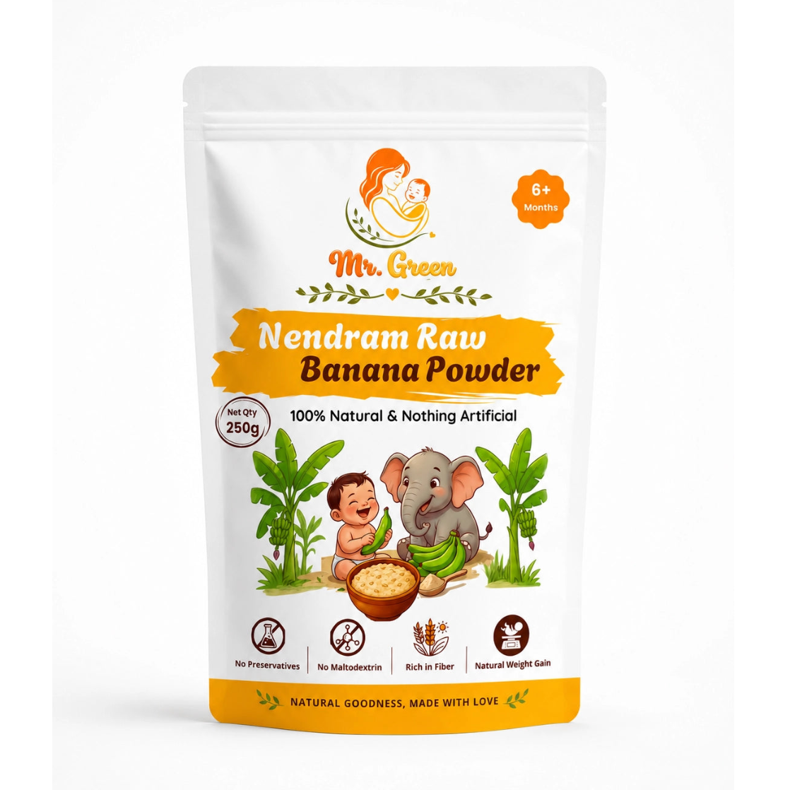 Packaging of Nendram Raw Banana Powder with branding and product details on a white background