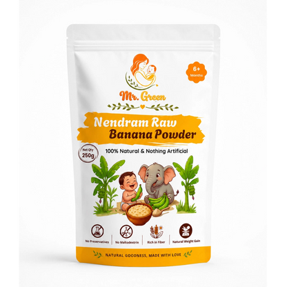 Packaging of Nendram Raw Banana Powder with branding and product details on a white background