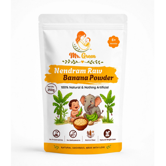 Packaging of Nendram Raw Banana Powder with branding and product details on a white background