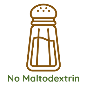 A brown outline icon of a salt shaker above the green text 'No Maltodextrin' on a light gray background.