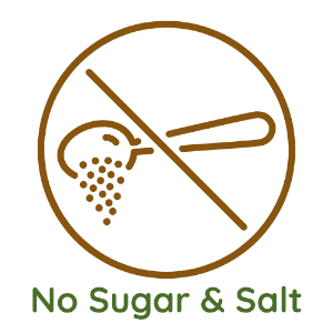 A circular brown icon with a diagonal slash over a spoon and sugar crystals, above the text 'No Sugar & Salt' in green, on a white background.