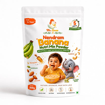 Packaging of Nendram Banana Nutri Mix Powder for toddlers on a white background