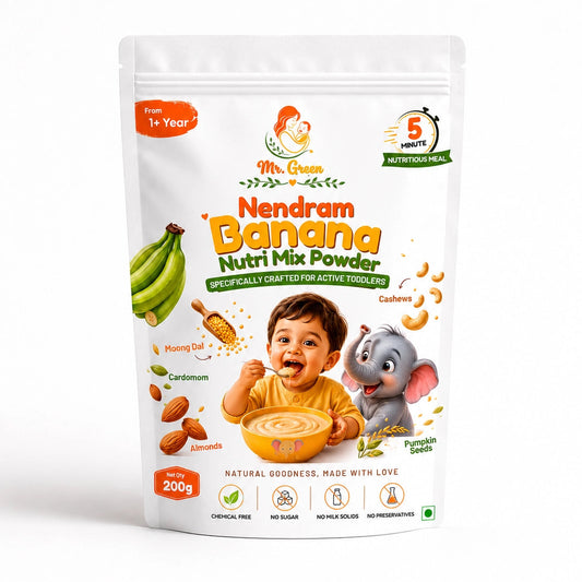 Packaging of Nendram Banana Nutri Mix Powder for toddlers on a white background