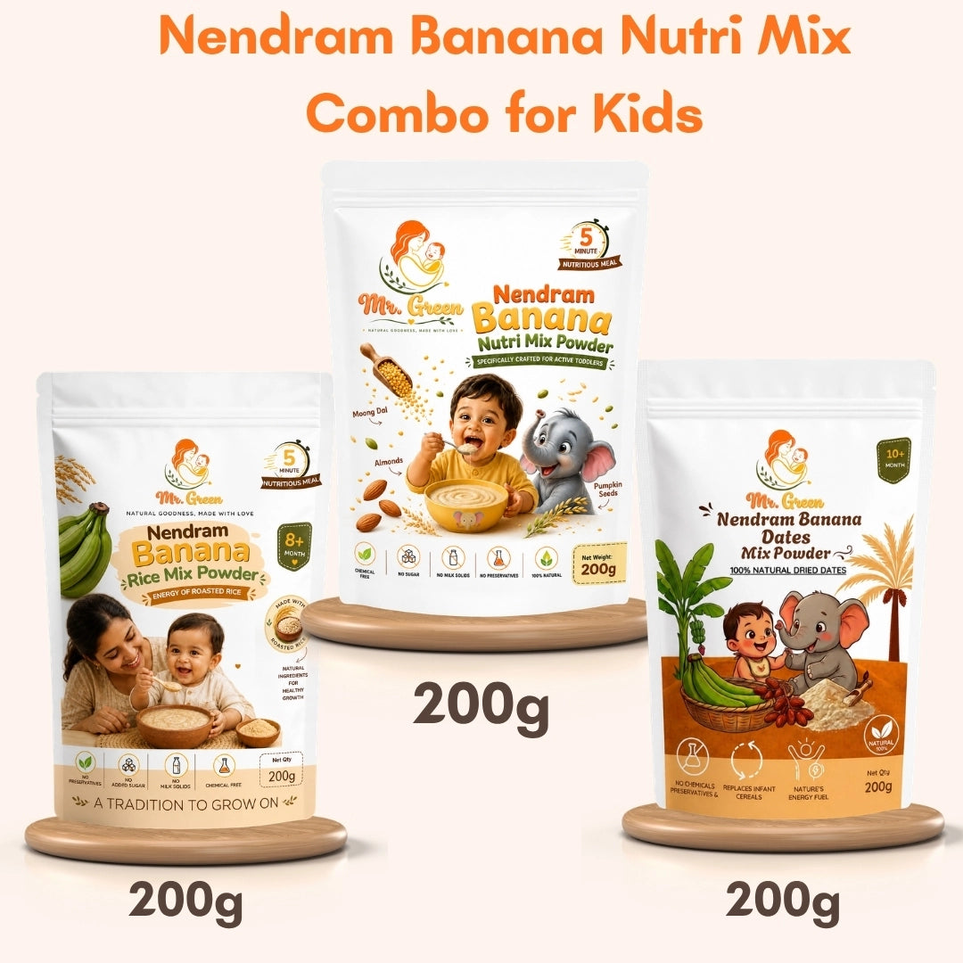 Nendram Banana Nutri Mix Combo for Kids with three packages on a white background