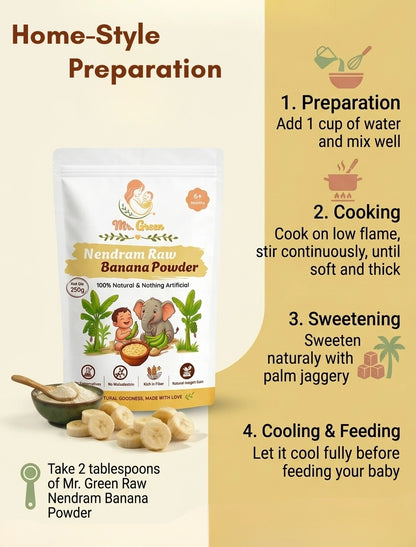 Mr. Green Raw Nendram Banana Powder packaging with preparation instructions on a beige background