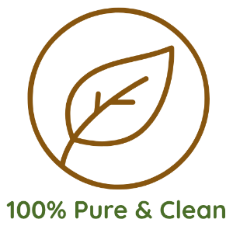 A brown circular icon with a leaf outline above the text '100% Pure & Clean' in green on a white background.