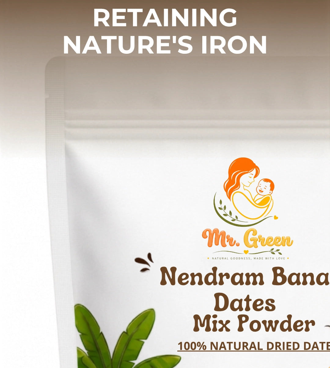Nendram Banana Dates Mix Powder packaging with branding and product name on a white background