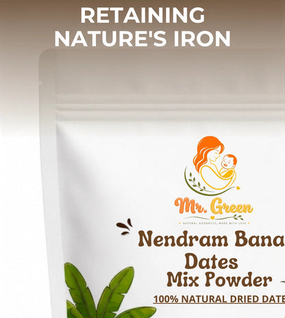 Nendram Banana Dates Mix Powder packaging with branding and product name on a white background