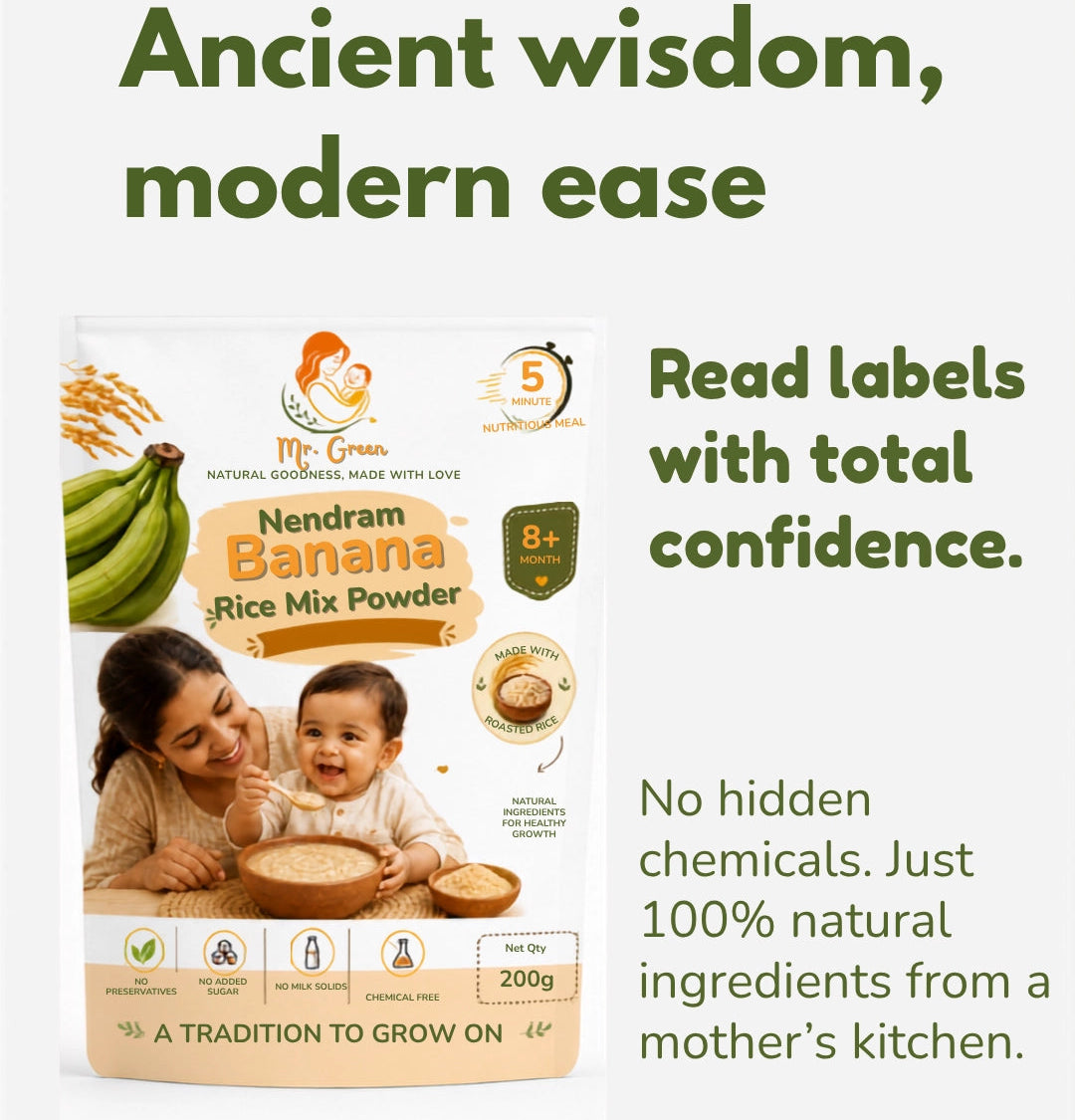 Nendram Banana Rice Mix Powder packaging with text about natural ingredients and confidence in labels.