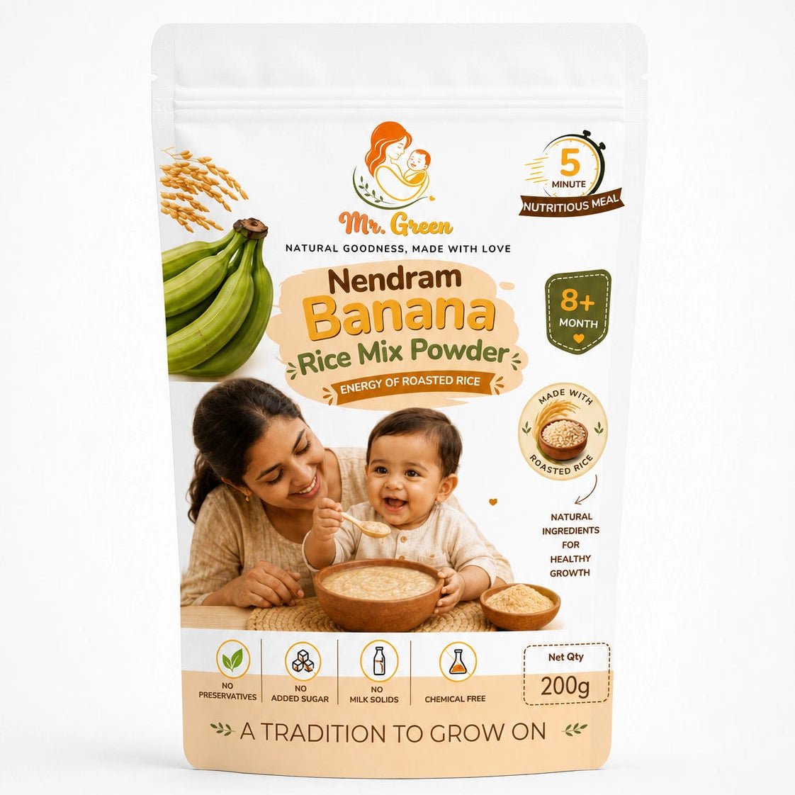Package of Nendram Banana Rice Mix Powder with a child and mother on the label