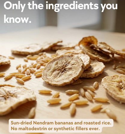 Sun-dried banana slices and roasted rice on a wooden surface with text about ingredients.