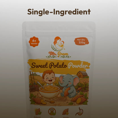 Package of Mr. Green Sweet Potato Powder with a child and elephant illustration on a gradient background.