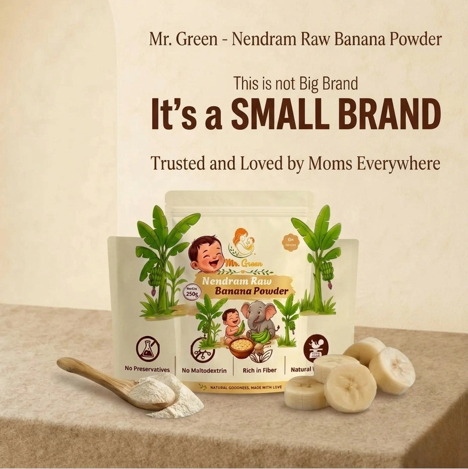 Nendram Raw Banana Powder packaging with text about a small brand trusted by moms.
