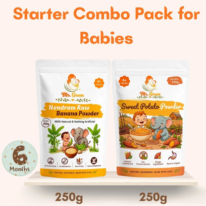 Two packages of baby food powder with branding and product names on a white background.