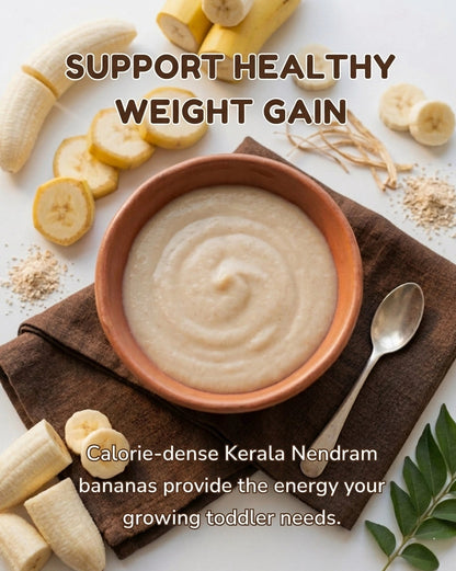 Bowl of smoothie with bananas and text about healthy weight gain