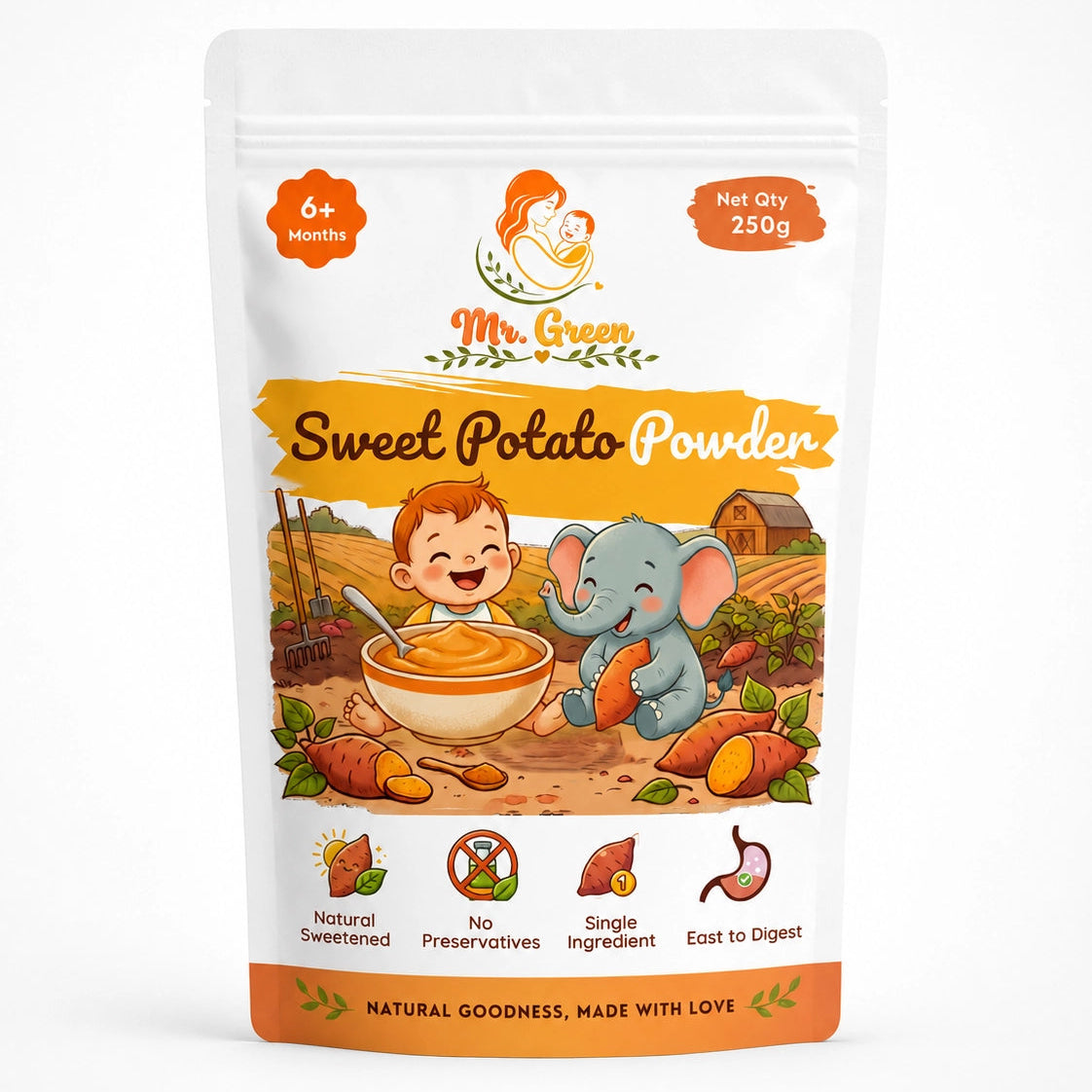 Package of Mr. Green Sweet Potato Powder with cartoon characters on a white background