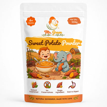 Package of Mr. Green Sweet Potato Powder with cartoon characters on a white background