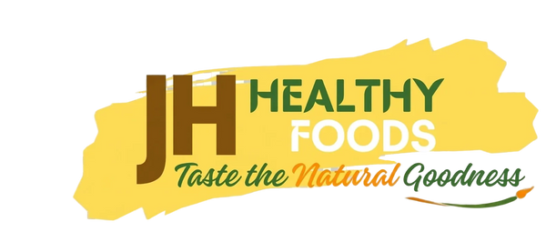 Logo of JH Healthy Foods with a yellow and green color scheme on a transparent background
