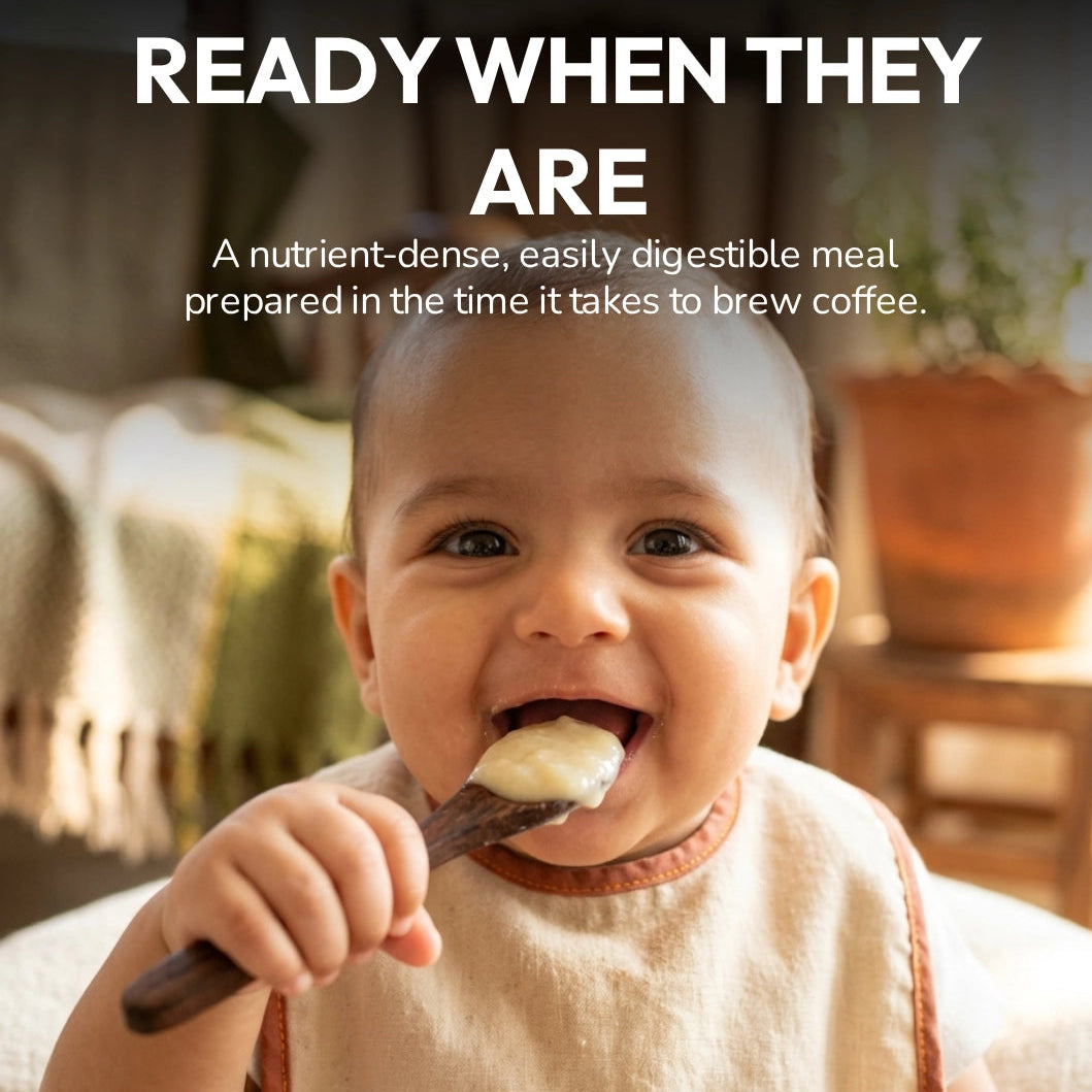 Baby eating with a spoon, with text about nutrient-dense meals.