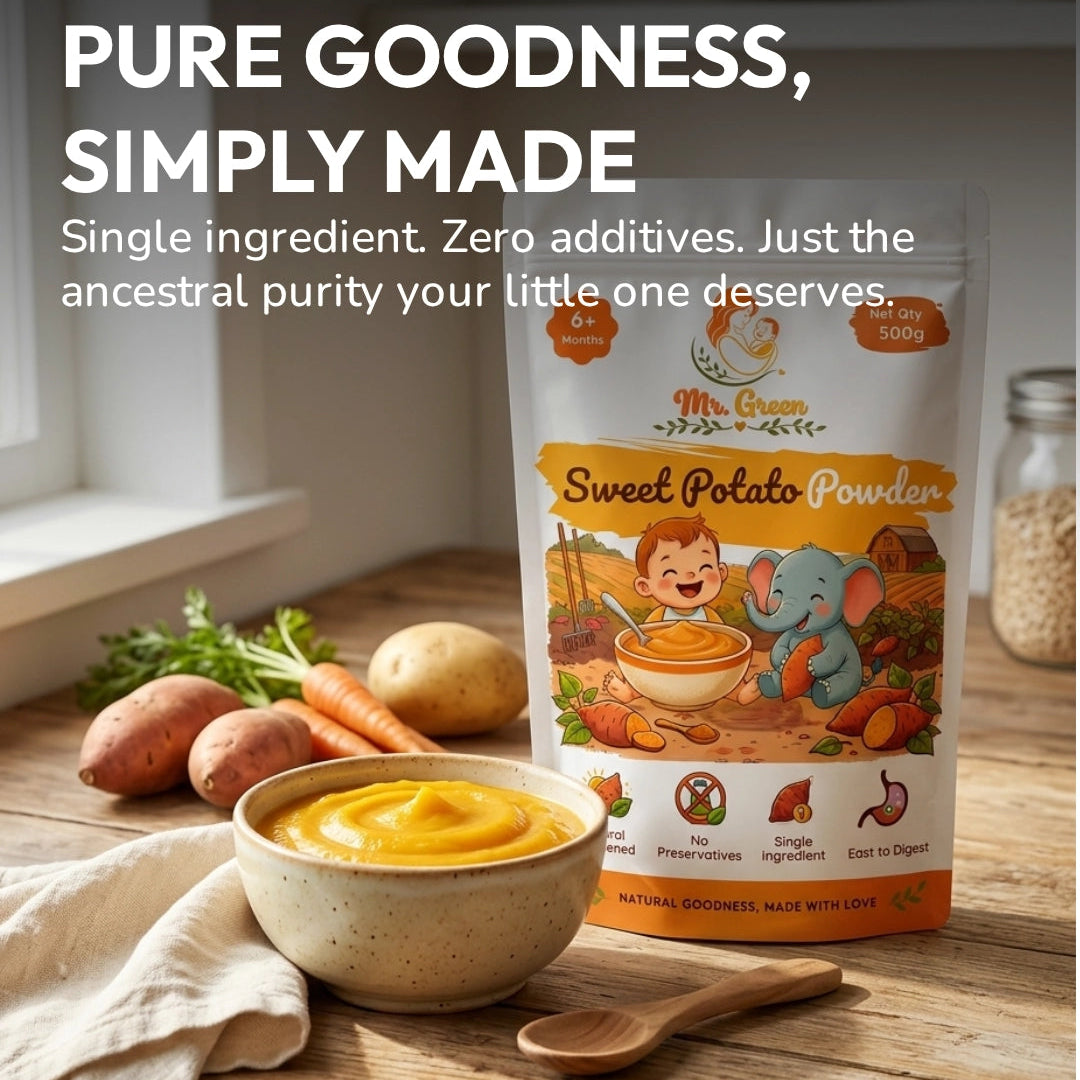 Bag of sweet potato powder with a bowl of puree on a wooden table, surrounded by sweet potatoes and carrots.