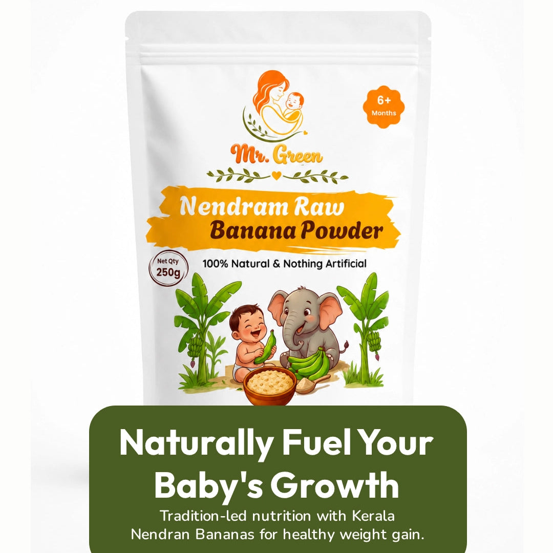 Package of Nendram Raw Banana Powder with branding and product details on a white background