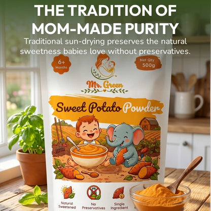 Bag of Mr. Green Sweet Potato Powder with cartoon characters on a wooden table.