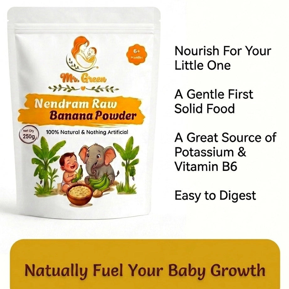 Package of Nendram Raw Banana Powder with text about its benefits for babies.