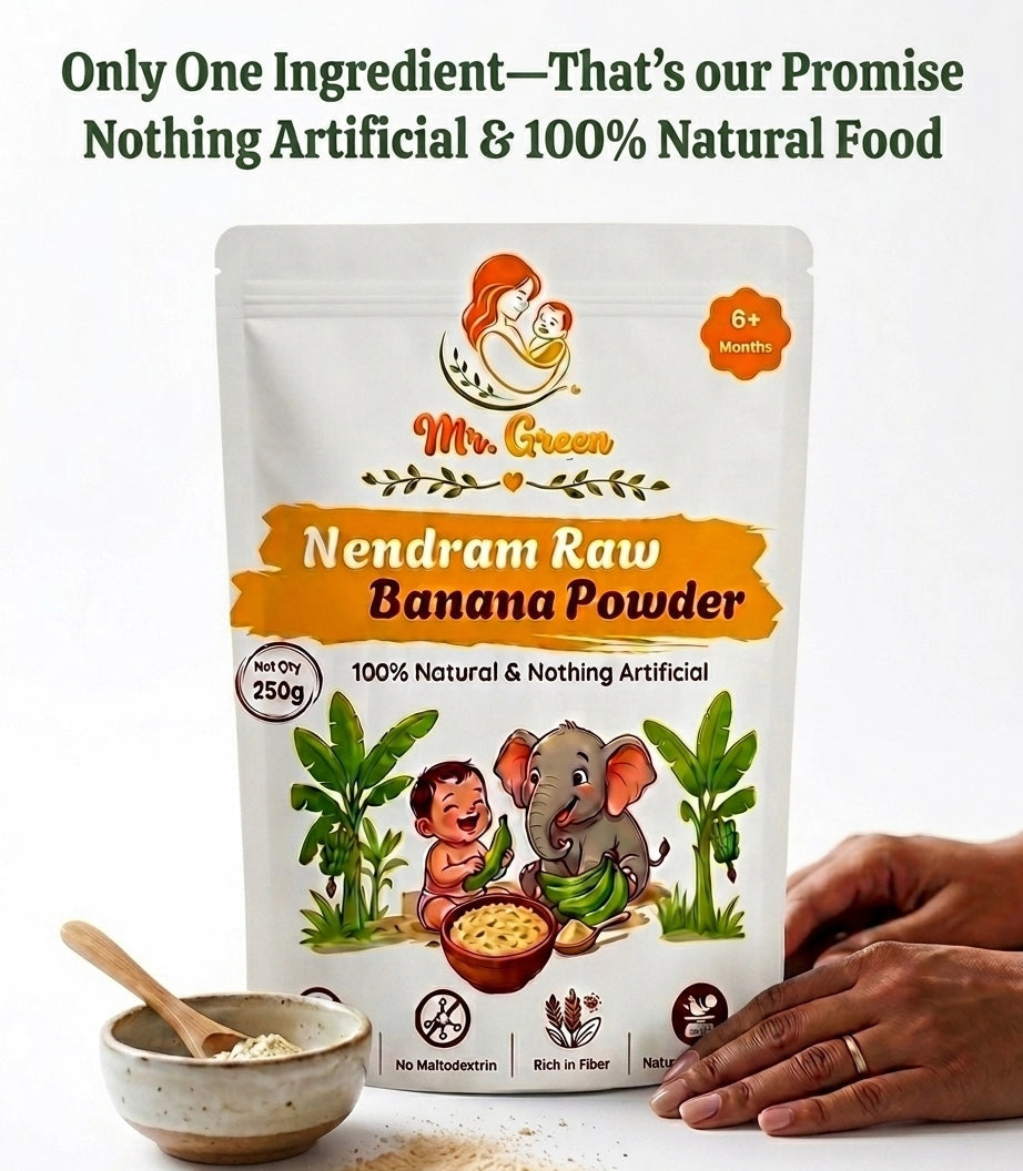 Package of Nendram Raw Banana Powder with branding and product details on a white background