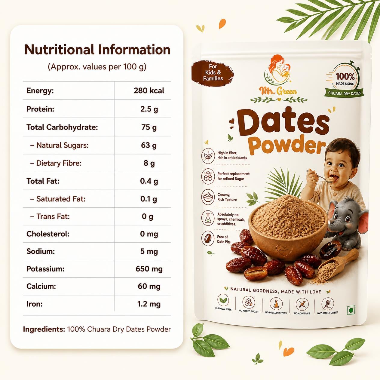 Dry Dates Powder | Natural Sweetener for Babies, Kids & Families | 300g