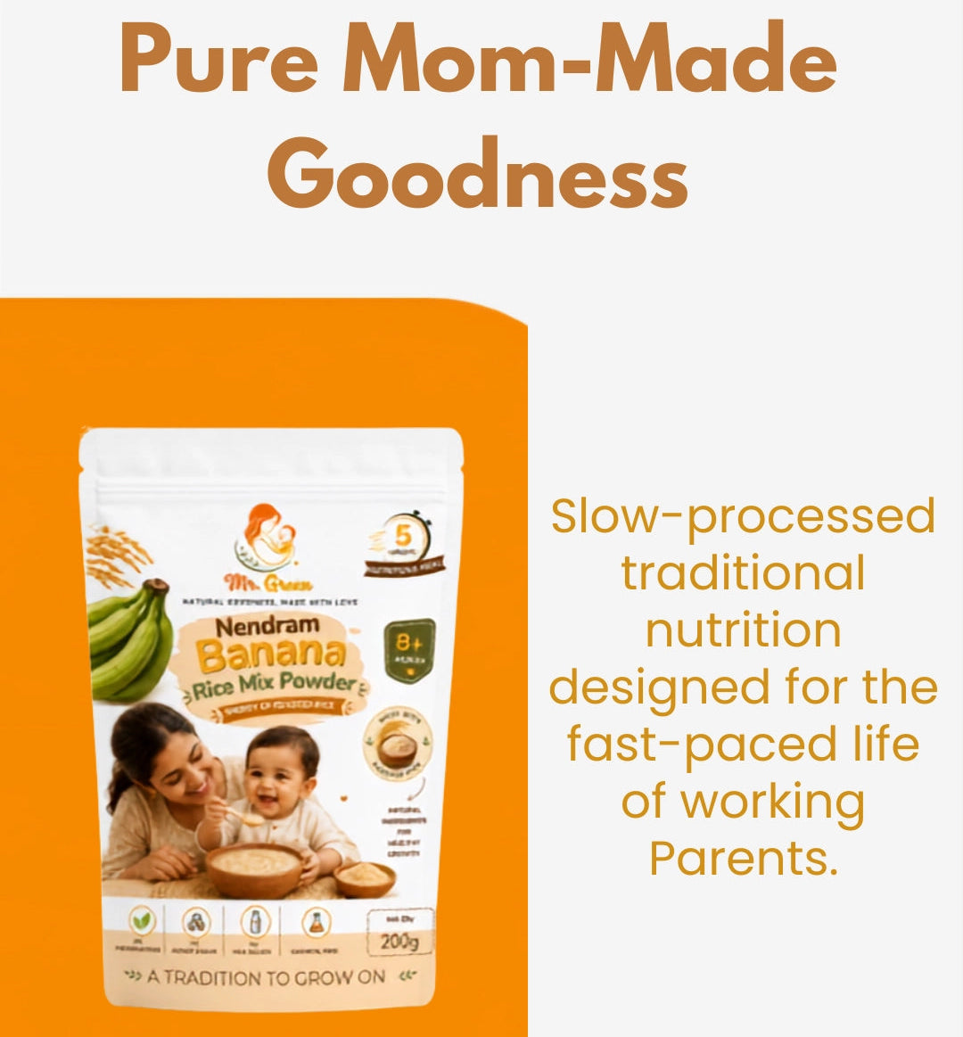 Product packaging of Nendram Banana Rice Mix Powder with promotional text on an orange background