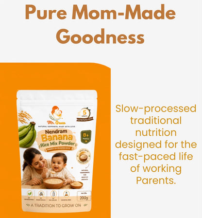 Product packaging of Nendram Banana Rice Mix Powder with promotional text on an orange background