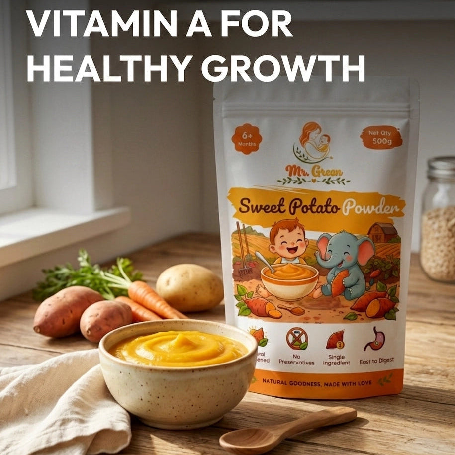 Bag of sweet potato powder with a bowl of puree on a wooden table, surrounded by vegetables.