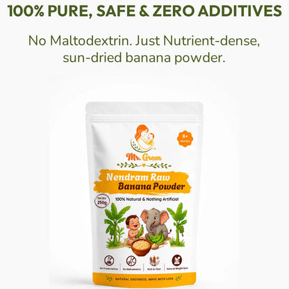Packaging of Nendram Raw Banana Powder with branding and product details on a white background.